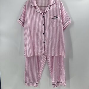 Pink and white striped two-piece pajama set satin feel summer lounge wide leg